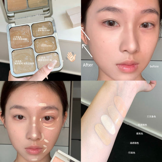 Vegetarian concealer palette softens and moisturizes in five colors, covers acne marks, dark circles, brightens skin tone, and contours concealer for the face
